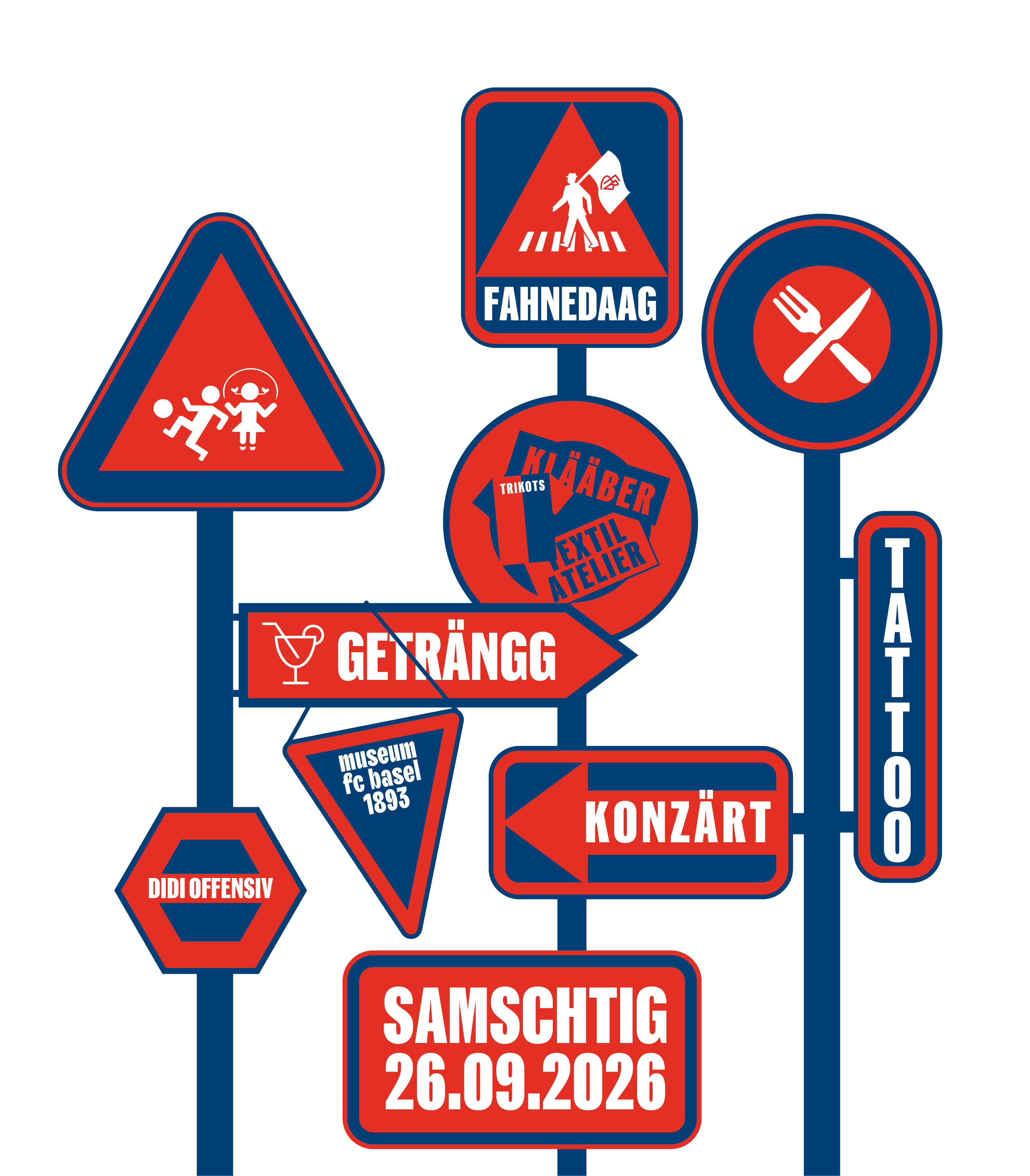 Wegweiser der Rotblau Gass: Fahnedaag, Geträngg, Konzärt, Tattoo, Klääber und mehr