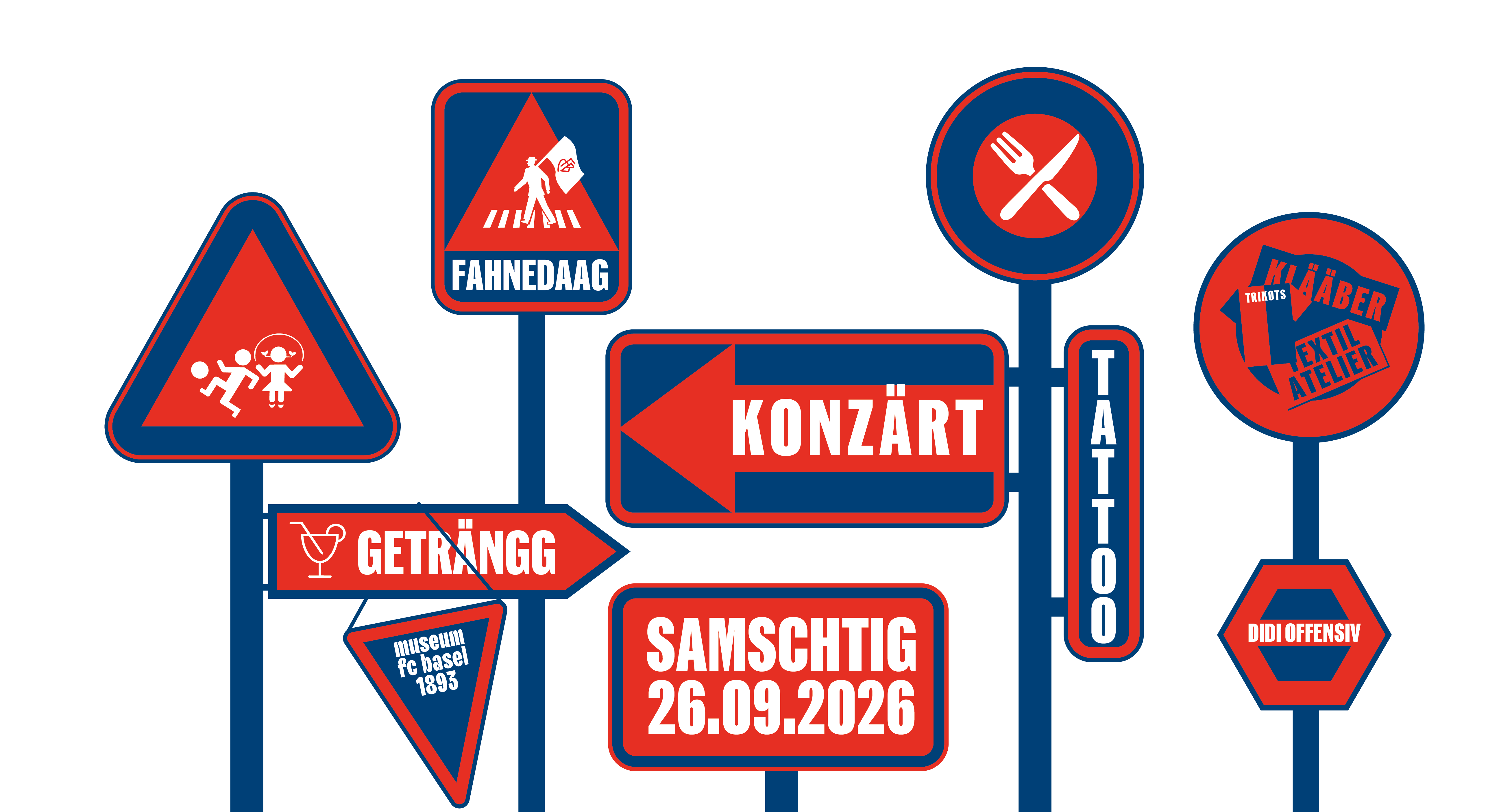 Wegweiser der Rotblau Gass: Fahnedaag, Geträngg, Konzärt, Tattoo, Klääber und mehr